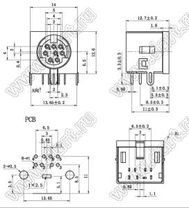 MDC-8-05 гнездо экранированное мини-DIN угловое на плату, 8 контактов