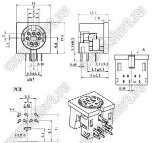 MDC-7-01 гнездо мини-DIN угловое на плату, 7 контактов