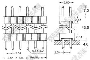 2213DI-06G-5400 (2x3) вилка открытая прямая двухрядная с двойным изолятором на плату для монтажа в отверстия.; шаг 2,54мм; 2x3-конт.; L=54.0мм