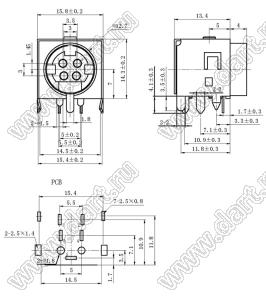 MPC-4-03-C гнездо мини-DIN силовое угловое на плату, экранированное, медный экран, 4 контакта