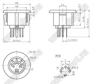 DS-5-07A розетка (гнездо) DIN на плату прямая; 5-конт.