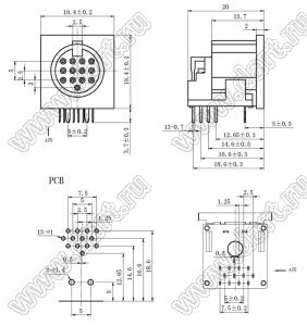 DS-13-04A розетка (гнездо) DIN на плату угловая; 13-конт.