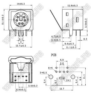 MDC-6-19A гнездо мини-DIN угловое на плату и корпус, 6 контактов