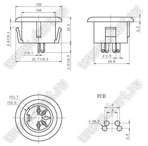 DS-5-07-4P розетка (гнездо) DIN на плату прямая; 5-конт.