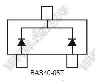 BAS40-05T (SOT-523) два диода Шоттки для поверхностного (SMD) монтажа с общим катодом; VRRM=40В; IFM=200мА; VFM=0,38В; Tраб. -55...+125°C