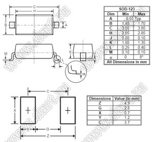 BAV20W (SOD-123) диод SMD ключевой; Io=200мА; Vr (max)=150В (макс.); VF=1,25В; IR=0,1мкА