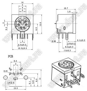 MDC-6-02 гнездо экранированное мини-DIN угловое на плату, 6 контактов