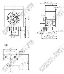 DS-8-03A розетка (гнездо) DIN на плату угловая; 8-конт.