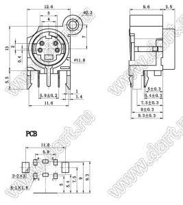 MDC-4-11 гнездо мини-DIN угловое на плату и корпус, 4 контакта