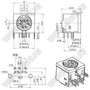 MDC-7-02 гнездо экранированное мини-DIN угловое на плату, 7 контактов