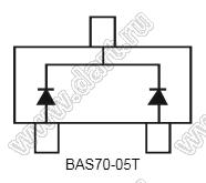 BAS70-05T (SOT-523) два диода Шоттки для поверхностного (SMD) монтажа с общим катодом; VRRM=70В; IFM=70мА; VFM=0,75В (при IF=10мА); Tраб. -55...+125°C; маркировка 7E