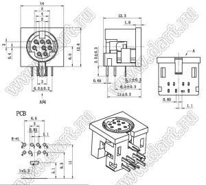 MDC-8-01B гнездо экранированное мини-DIN угловое на плату, 8 контактов