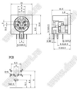 MDC-6-01 розетка угловая на плату мини DIN, 6 контактов, неэкранированная