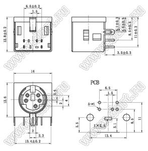 MDC-5-05 гнездо экранированное мини-DIN угловое на плату, 5 контактов