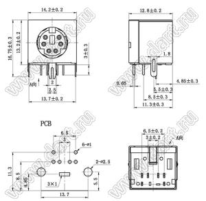 MDC-6-03-F гнездо экранированное мини-DIN угловое на плату, 6 контактов