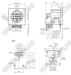 DS-13-04 розетка (гнездо) DIN на плату угловая; 13-конт.