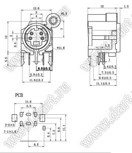 MDC-4-13D гнездо мини-DIN угловое на плату и корпус, 4 контакта