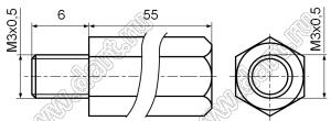 PCHSN-55S стойка шестигранная; с внутренней резьбой М3x0,5; с внешней резьбой М3x0,5; L=55мм; сталь оцинкованная