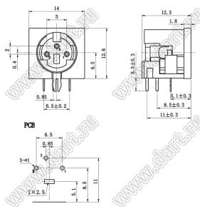 MDC-3-01 гнездо мини-DIN угловое на плату, 3 контакта