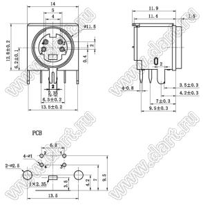 MDC-4-06B гнездо экранированное мини-DIN угловое на плату, 4 контакта