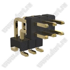 BL1210-2203M-PG штыри двухрядные SMD горизонтальные угловые с двойным изолятором с направляющими в плату; шаг 2.54мм; H=1.0мм; 2x3-конт.