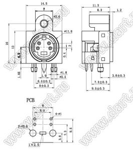 MDC-4-33D гнездо экранированное мини-DIN угловое на плату и корпус, 4 контакта