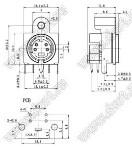 MDC-4-32D гнездо экранированное мини-DIN угловое на плату и корпус, 4 контакта