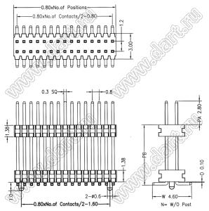 1713SMDI-2202PG вилка штыревая открытая прямая двухрядная с двойным изолятором для поверхностного (SMD) монтажа с направляющими; 2x2-конт.