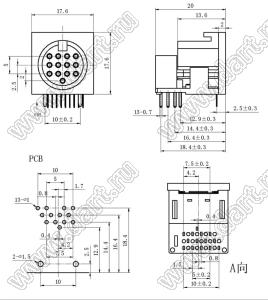 DS-13-01 розетка (гнездо) DIN на плату угловая; 13-конт.