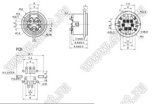 MDC-7-04-1 гнездо мини-DIN прямое на плату, круглый корпус, 7 контактов