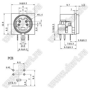 MDC-4-16 гнездо мини-DIN угловое на плату, 4 контакта