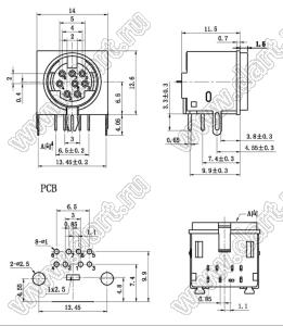 MDC-8-02A гнездо экранированное мини-DIN угловое на плату, 8 контактов