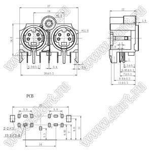 MDC2-4-13D блок 2-х гнезд мини-DIN угловой на плату и корпус, 2 по 4 контакта