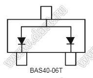 BAS40-06T (SOT-523) два диода Шоттки для поверхностного (SMD) монтажа с общим анодом; VRRM=40В; IFM=200мА; VFM=0,38В; Tраб. -55...+125°C