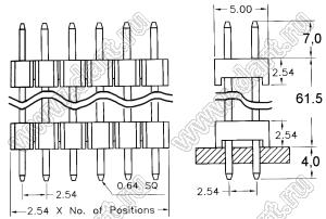 2213DI-12G-7250 (2x6) вилка штыревая открытая прямая с двойным изолятором двухрядная на плату для монтажа в отверстия; шаг 2.54мм; P=2,54x2,54мм; 2x6-конт.; L=72.5мм