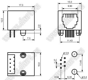 7008-6P4C-SOCKET розетка RJ-45 на плату, 6 позиций, 4 контакта