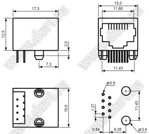 7008-8P8C-SOCKET розетка RJ-45 на плату, 8 позиций, 8 контактов экранированный