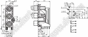 RCA-313 блок трех гнезд RCA "тюльпан" на плату и с креплением на панель