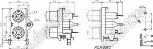 RCA-208C блок двух гнезд RCA "тюльпан" на плату и с креплением на панель