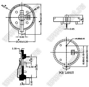 CH25-2325 (KLS5-CR2325-01) держатель элемента питания 2325 в плату горизонтальный DIP