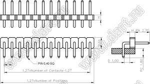 BL1420-1118R-2.5 штыри однорядные угловые, шаг 1,27 мм, H=2,0 мм; 18-конт.