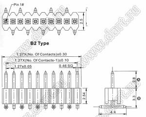 2206PA-14G-SM-B2-2833 вилка открытая прямая однорядная на плату для поверхностного (SMD) монтажа; шаг 1,27 x 2,54 мм; (1x14) конт.