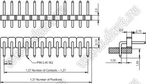 BL1420-1142R штыри однорядные угловые, шаг 1,27 мм, H=2,0 мм; 42-конт.