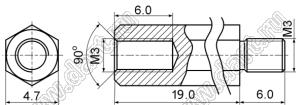 PCHSN-19 стойка шестигранная; с внутренней резьбой М3x0,5; с внешней резьбой М3x0,5; L=19,0мм; латунь