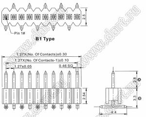 2206PA-16G-SM-B1-2833 (PLL1.27-16S) вилка открытая прямая однорядная на плату для поверхностного (SMD) монтажа; шаг 1,27 x 2,54 мм; (1x16) конт.