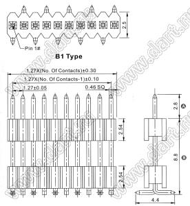 2206PADI-05G-SM-B1-2888 вилка открытая прямая однорядная приподнятая на плату для поверхностного (SMD) монтажа; 5-конт.; P=1,27x2,54мм