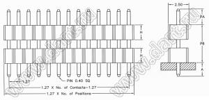 BL1420-2115S штыри однорядные с двойным изолятором прямые, шаг 1,27 мм, H=2,0 мм; 15-конт.