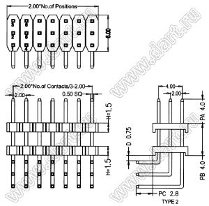 BL1315-23045R2 штыри трехрядные угловые с двойным изолятором угловые, тип R2; 45-конт.