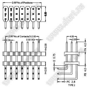 BL1320-23036R2 штыри трехрядные угловые с двойным изолятором угловые, тип R2; 36-конт.