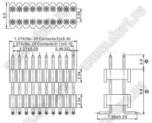 2206PBDI-050G-SM-2888 вилка открытая прямая двухрядная приподнятая на плату для поверхностного (SMD) монтажа; 50-конт.; P=1,27x2,54мм